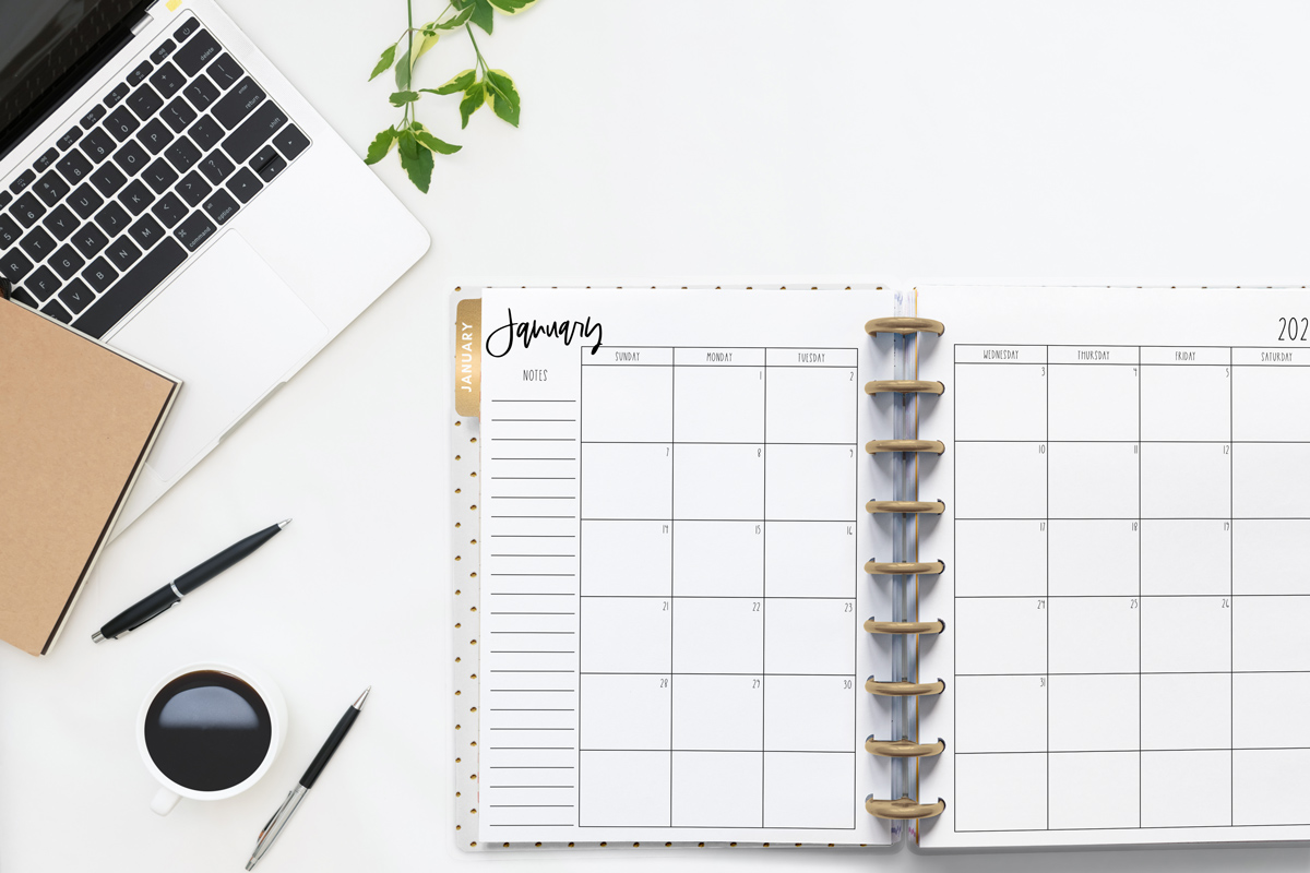 This image shows the free 2 page calendar template you can get at the end of this blog post. It's inside of an open planner to the month of January.