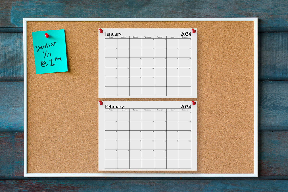 This image shows an example of two of the free 2024 printable calendars with a one page design you can get for free in this blog post. It's showing the months of January and February mounted to a corkboard.