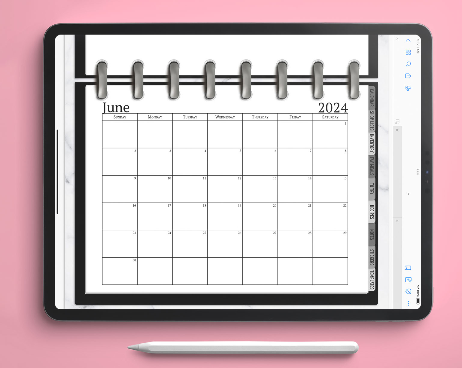 This image shows an example of the free 2024 calendar one page design you can get for free in this blog post. It's showing the month of June in a digital planner on a tablet.