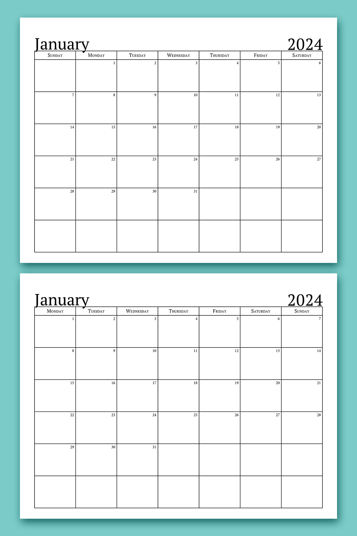 This image shows an example of the free 2024 printable calendar one page design you can get for free in this blog post. It's showing the month of January in both a Sunday and Monday start.