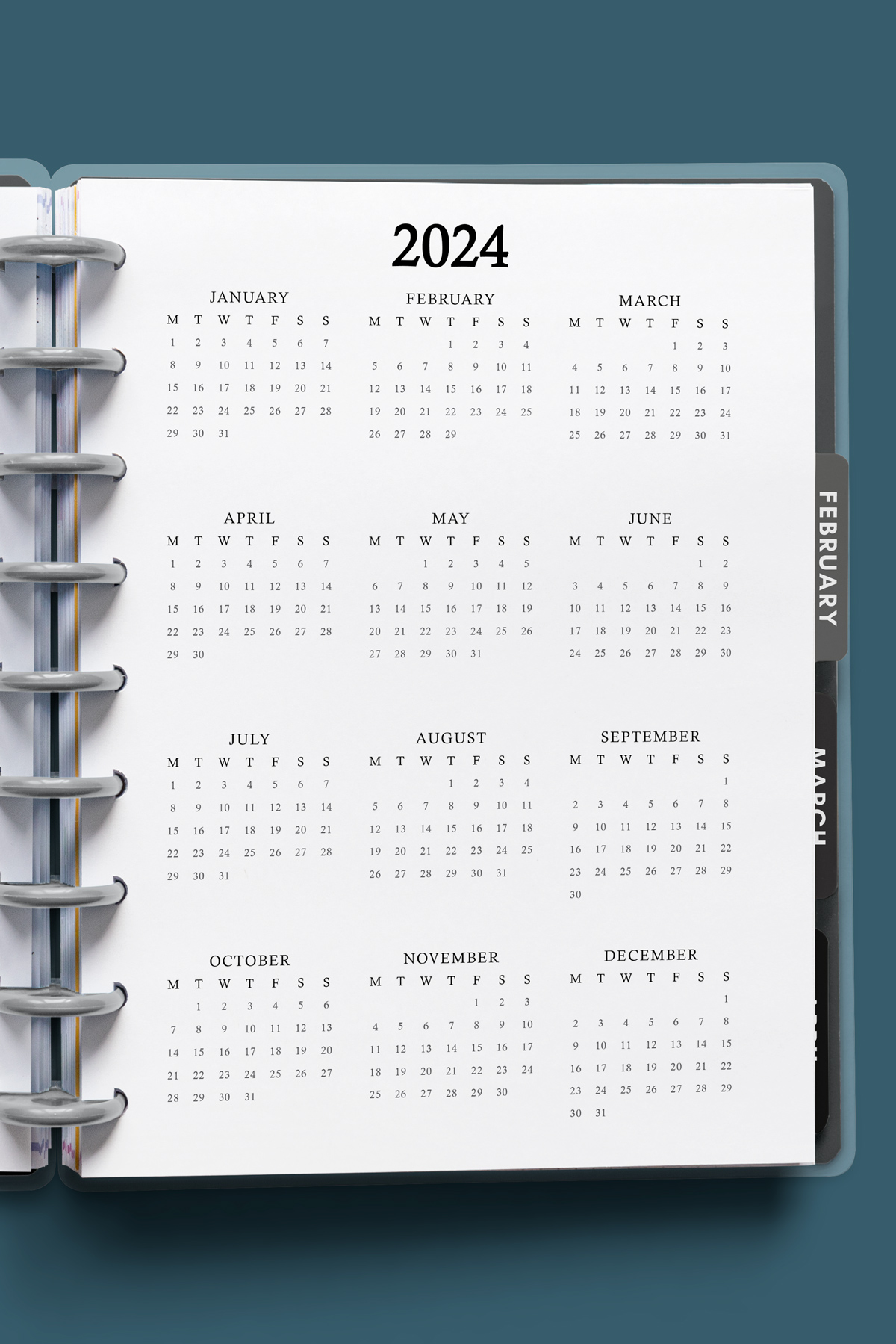 This image shows a 2024 free printable year at a glance calendar you can get for free in this blog post.