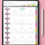 This image shows a 2024 free printable year at a glance calendar you can get for free in this blog post. It shows it in a digital planner instead of printed.