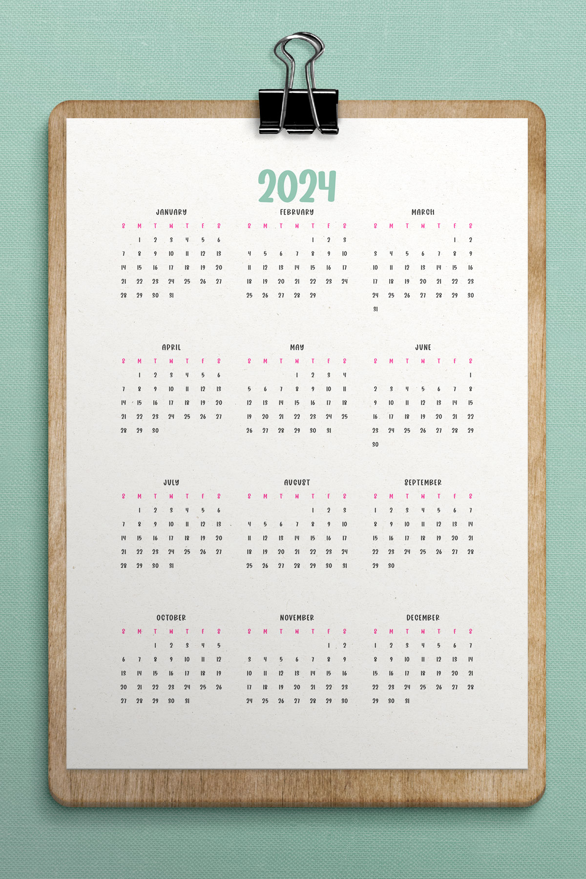 This image shows a 2024 free printable year at a glance calendar you can get for free in this blog post.