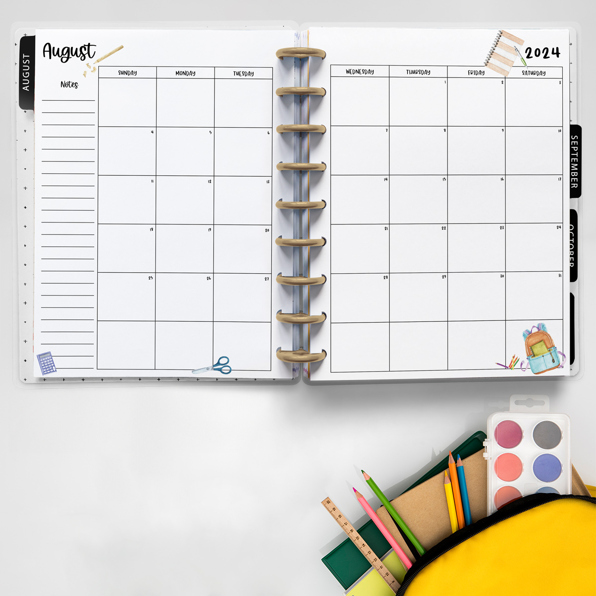 This image is an example of one of the printable 2024 calendar you can get for free at the end of this post. This is showing the month of September inside of an open planner. Below the planner is a backpack opened with some supplies coming out of it.