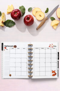 Open planner showing the September 2026 monthly calendar with fall harvest decorations. The calendar includes illustrations of a hedgehog, acorn, autumn leaves, and a fox. Surrounding the planner are fresh apples, apple slices, and a knife on a light wooden background.