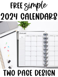 At the top it says free simple 2024 calendar. On the bottom it says two page design. In the middle, the image is of the 2024 free printable calendar you can download for free in this blog post. It is inside of an open planner on the month of January.