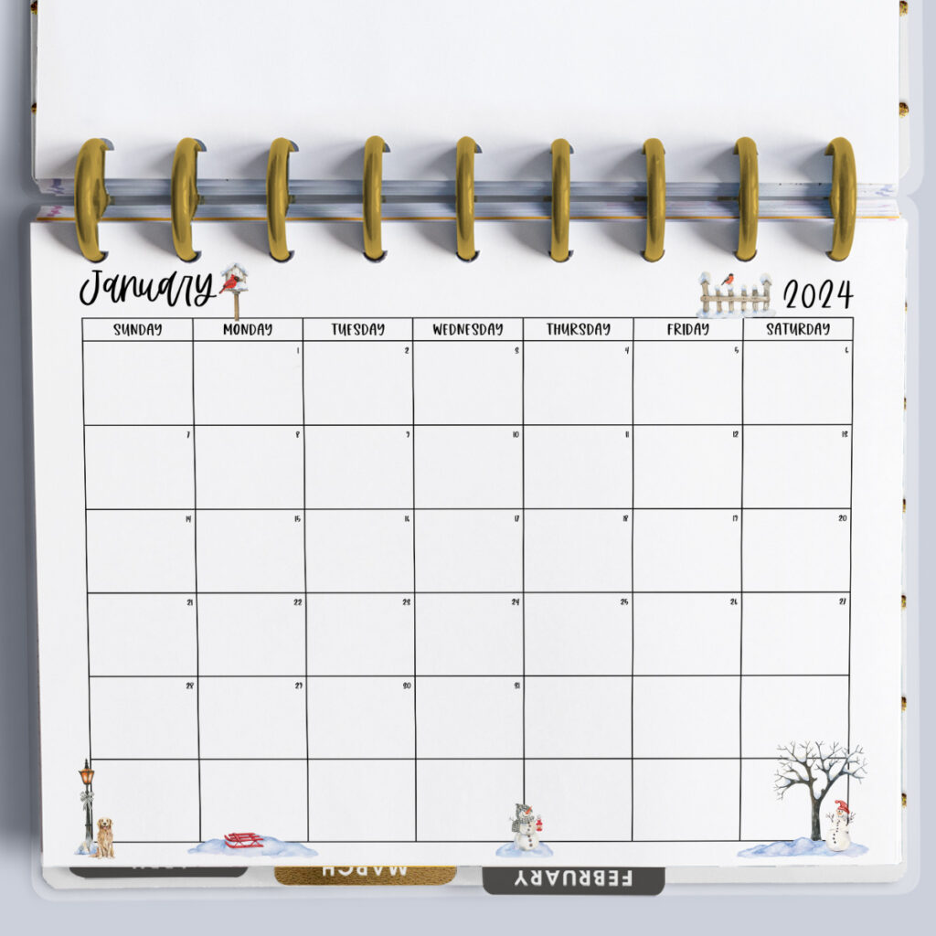 This image is showing a printable calendar starting with Sunday (but a Monday version is also available). It’s inside of an open planner and is showing the month of January.