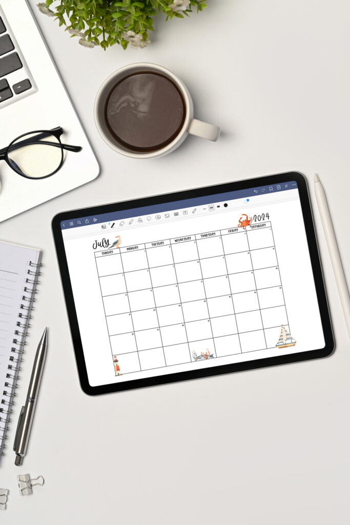 This image is showing a calendar for the month of July inside of a digital planner on a tablet screen.