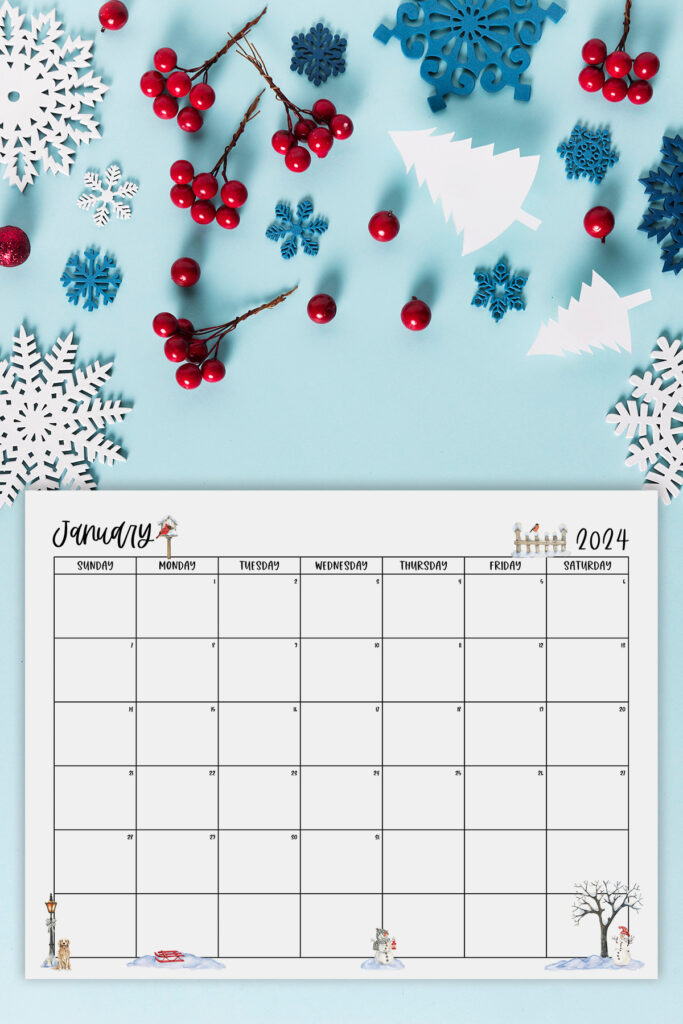 This image shows one of the months from this set of free printable calendars (starting with either a Sunday or Monday). This example is showing the month of January.