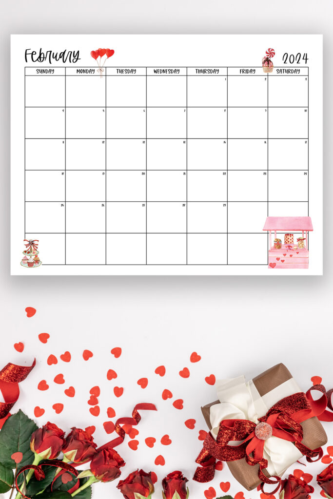 This image shows one of the months from this set of free printable calendars (starting with either a Sunday or Monday). This example is showing the month of February.