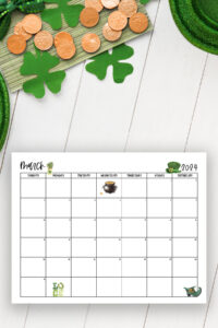 This image shows one of the months from this set of free printable calendars (starting with either a Sunday or Monday). This example is showing the month of March.