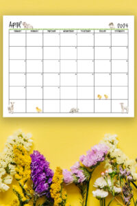 This image shows one of the months from this set of free printable calendars (starting with either a Sunday or Monday). This example is showing the month of April.