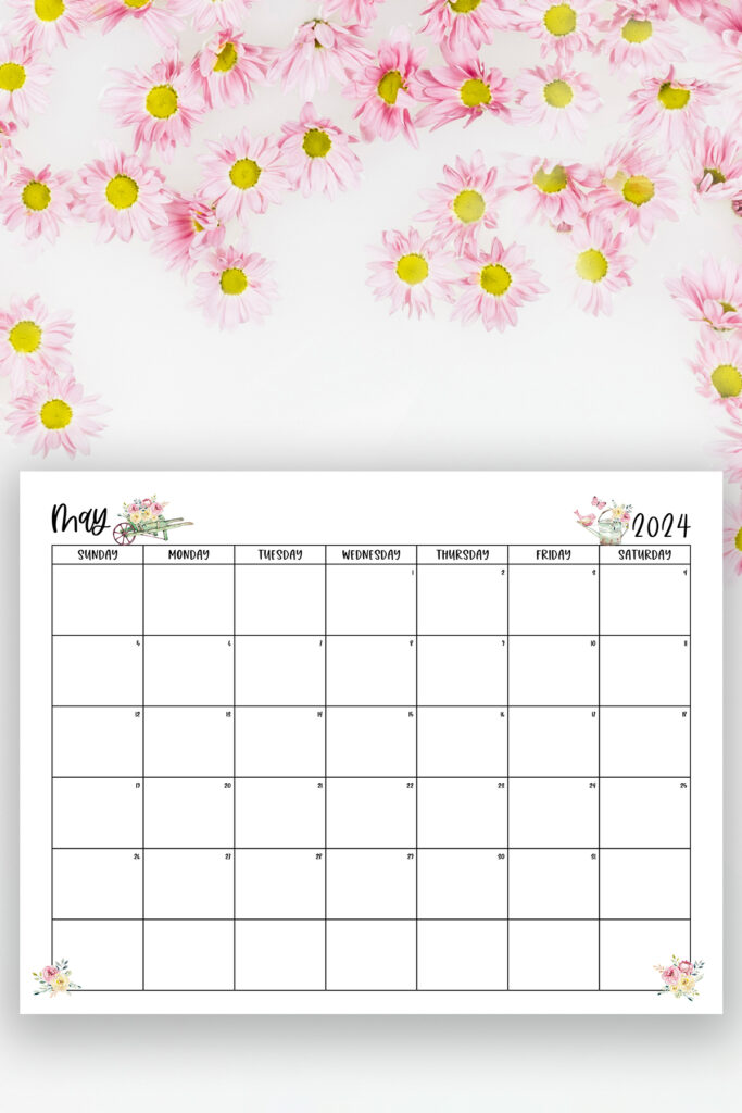 This image shows one of the months from this set of free printable calendars (starting with either a Sunday or Monday). This example is showing the month of May.