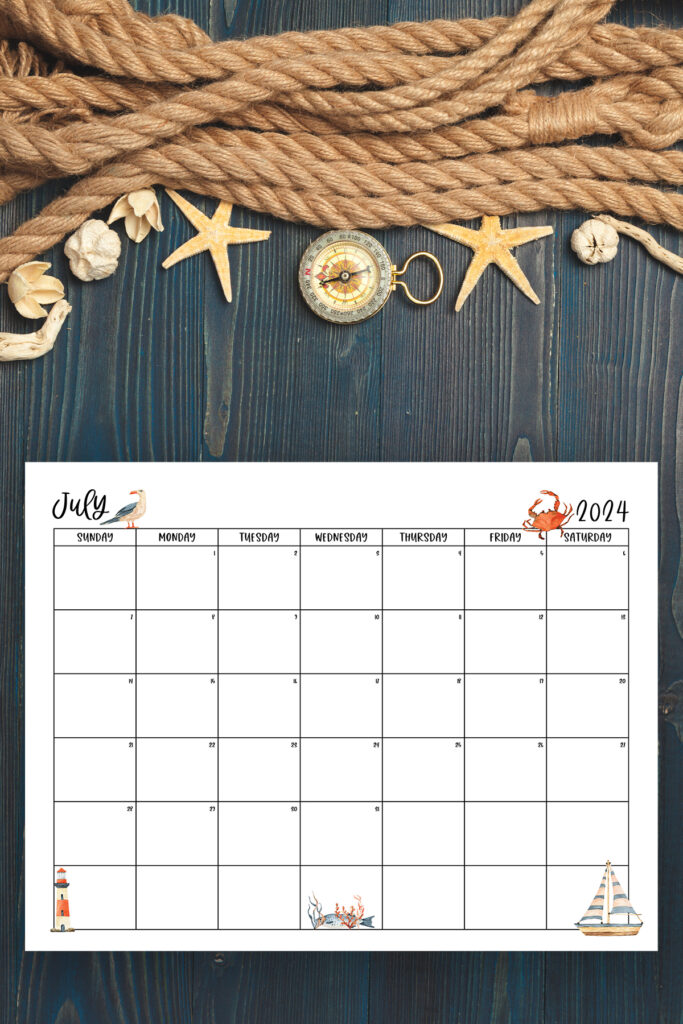 This image shows one of the months from this set of free printable calendars (starting with either a Sunday or Monday). This example is showing the month of July.