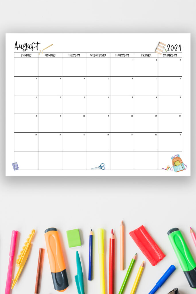 This image shows one of the months from this set of free printable calendars (starting with either a Sunday or Monday). This example is showing the month of August.