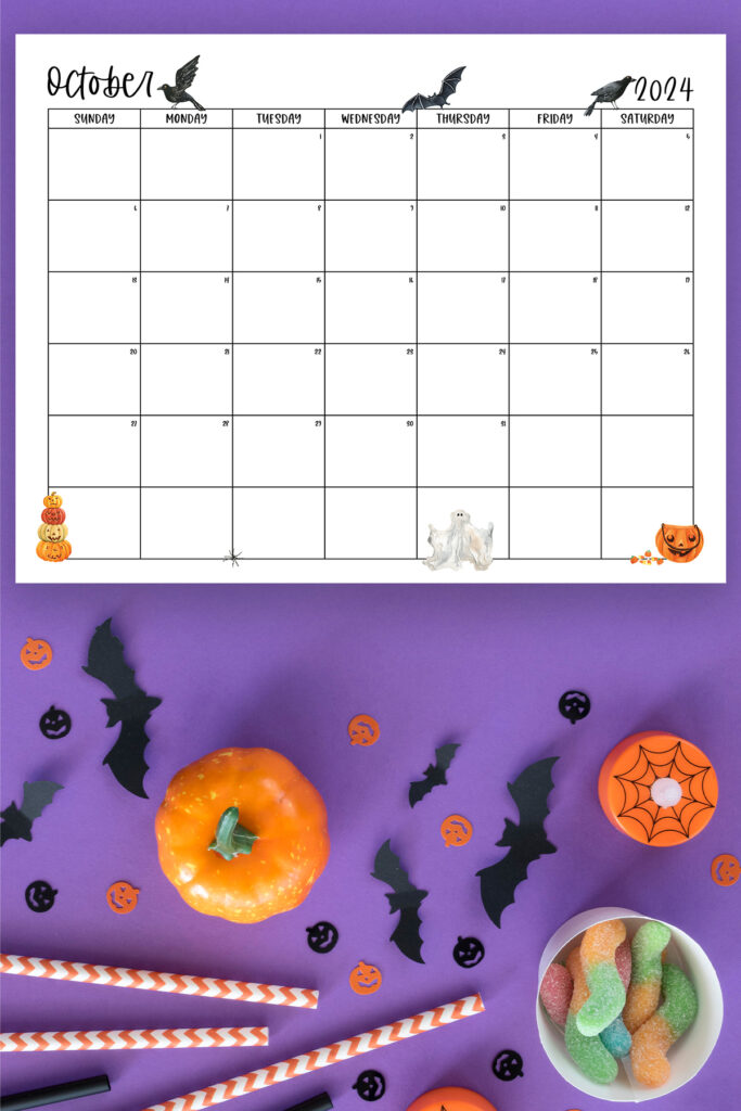 This image shows one of the months from this set of free printable calendars (starting with either a Sunday or Monday). This example is showing the month of October.