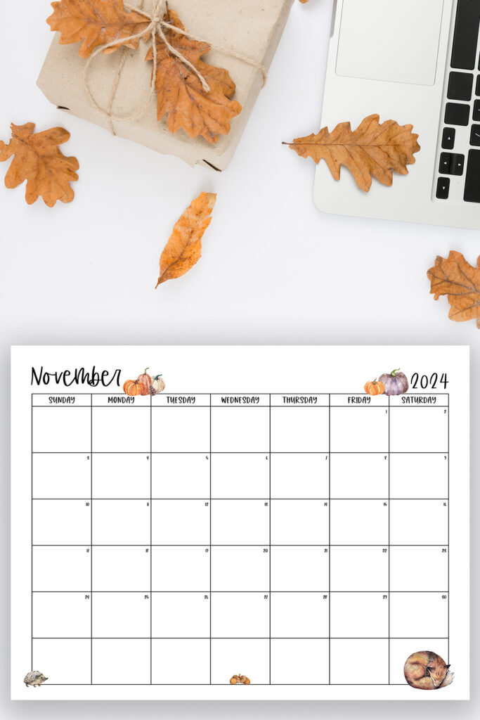 This image shows one of the months from this set of free printable calendars (starting with either a Sunday or Monday). This example is showing the month of November.