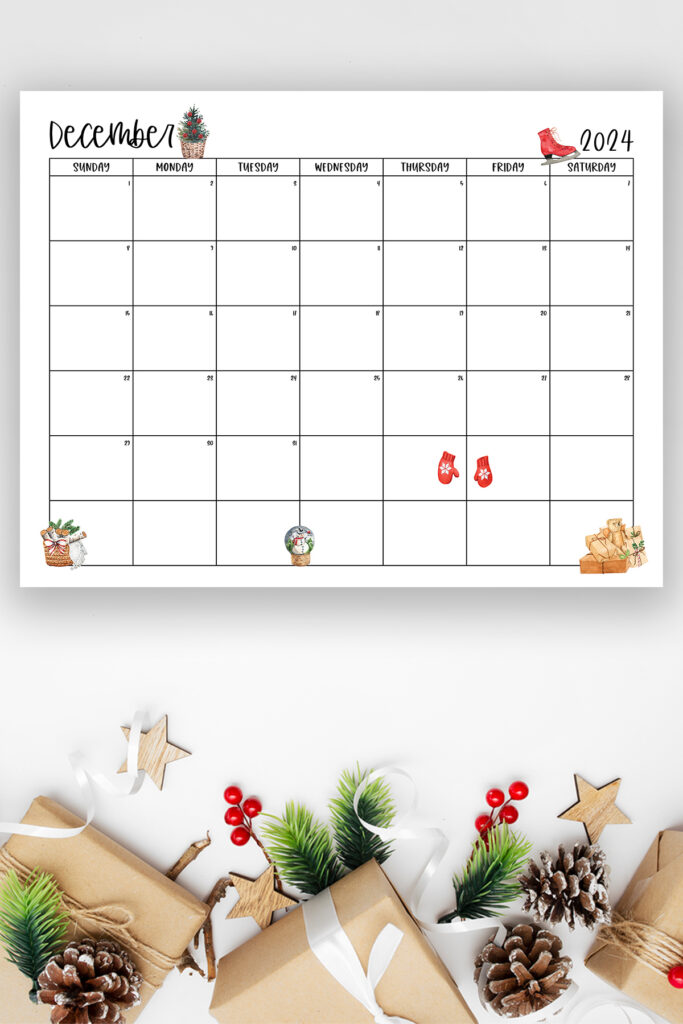 This image shows one of the months from this set of free printable calendars (starting with either a Sunday or Monday). This example is showing the month of December.