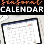 At the top it says free 2024 seasonal calendar. At the bottom it says optional holidays. In the middle, it is showing the month of July open on a tablet.