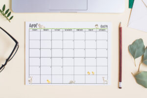 This image shows one of the months from this set of free printable calendars (starting with either a Sunday or Monday). This example is showing the month of April.