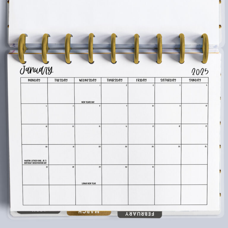 Free 2025 Printable Calendar with Monday and Sunday Start