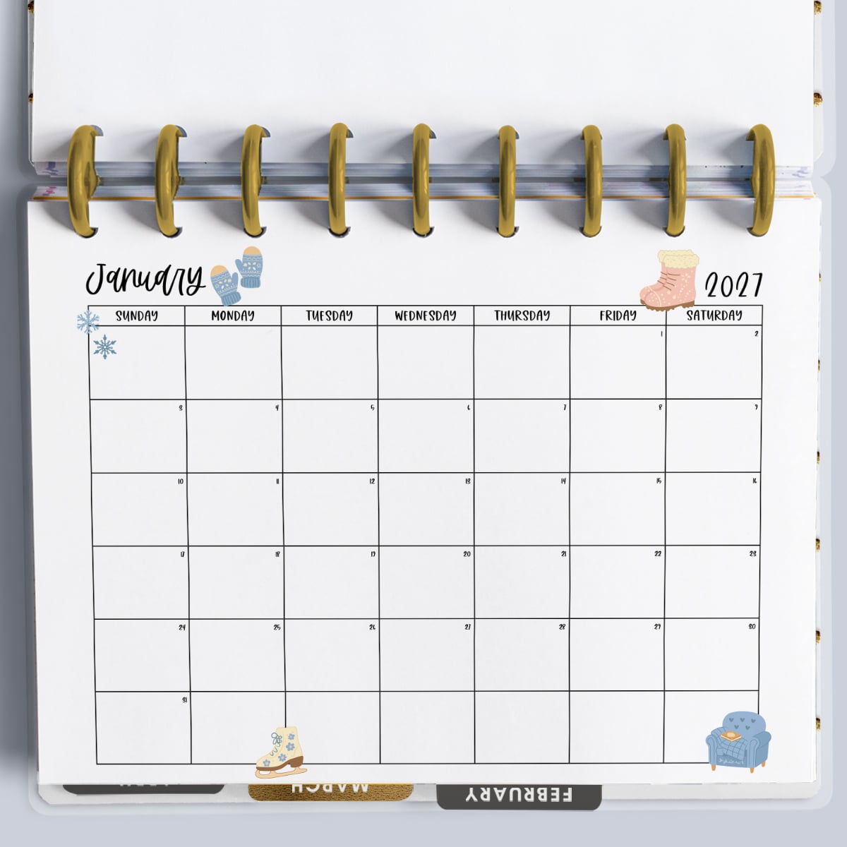 This image is showing a printable calendar starting with Monday (but a Sunday version is also available). It's inside of an open planner and is showing the month of January.