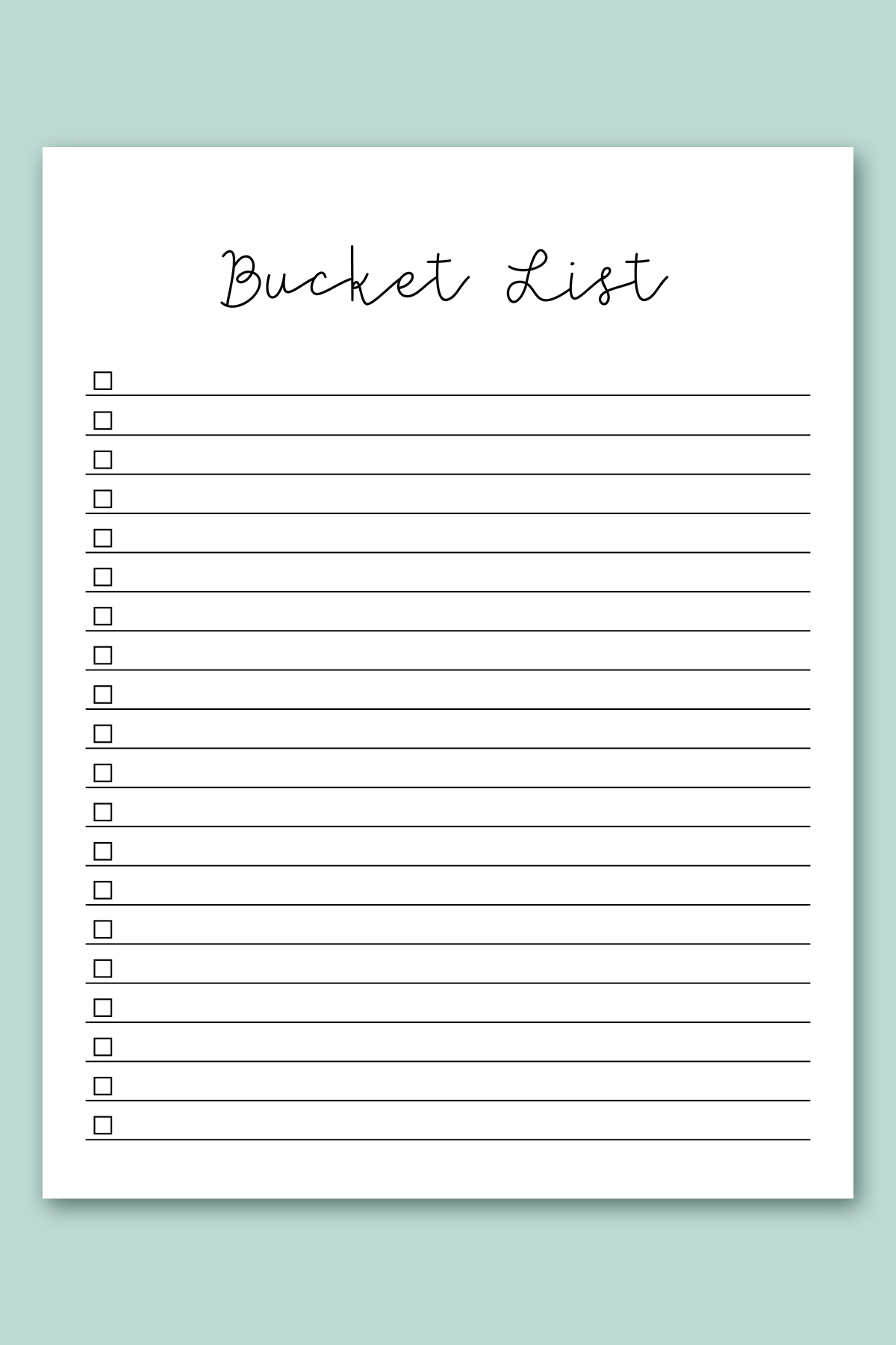 This image shows one of lists from the free bucket list printable set. This one is the generic bucket list printable with a simple design.
