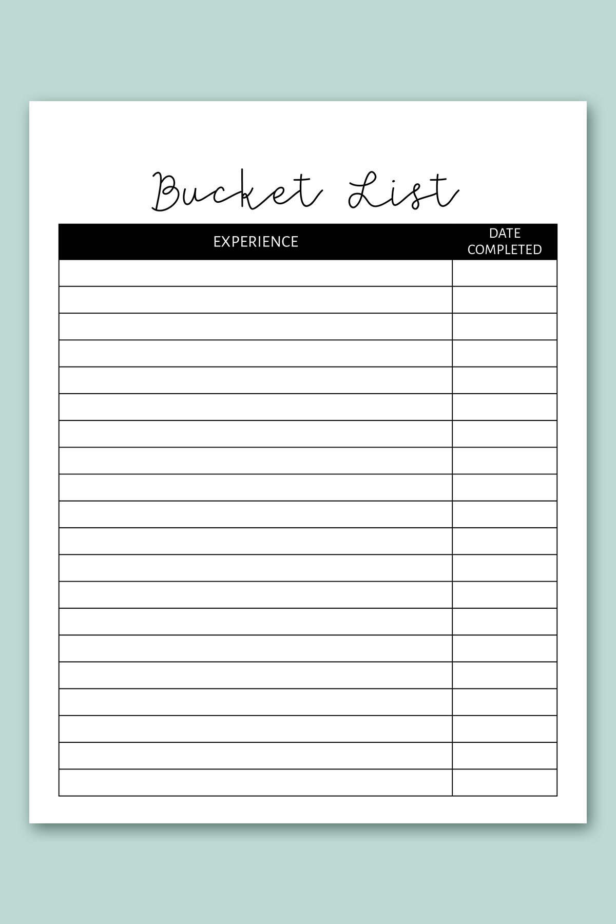 This image shows one of lists from the free bucket list printable set. This one is the generic bucket list printable with a simple design.