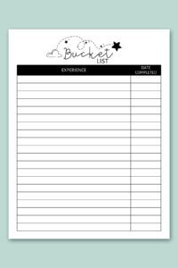 This image shows one of lists from the free bucket list printable set. This one is the generic bucket list printable with a pretty star design.