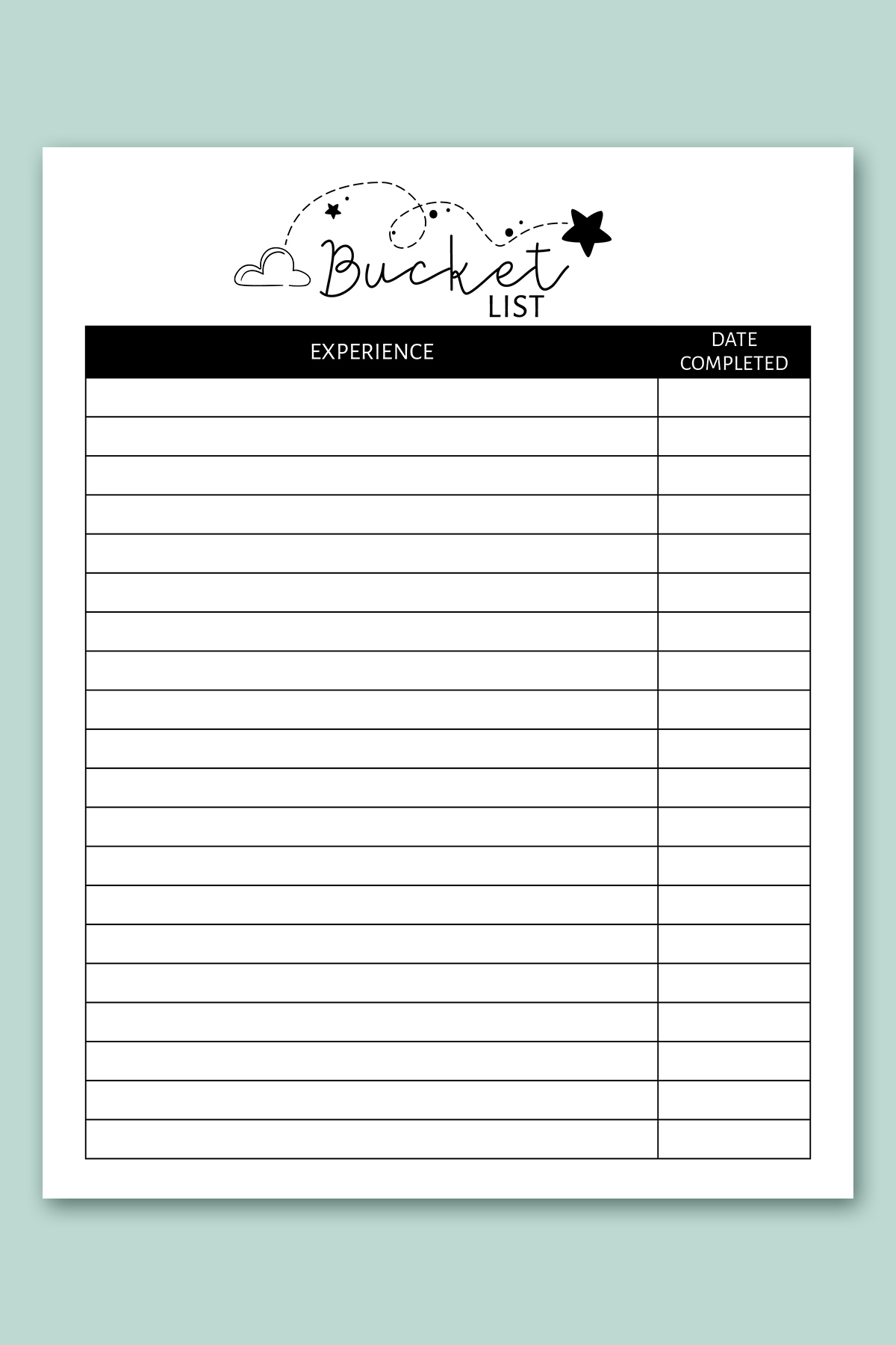 This image shows one of lists from the free bucket list printable set. This one is the generic bucket list printable with a pretty star design.