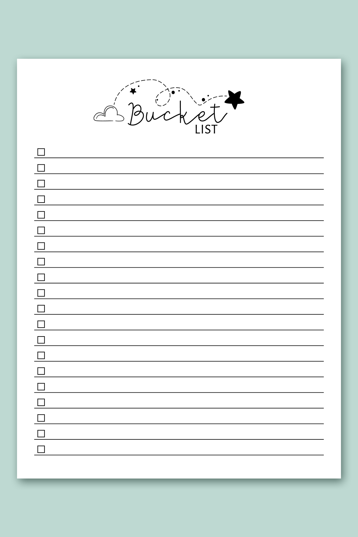 This image shows one of lists from the free bucket list printable set. This one is the generic bucket list printable with a pretty star design.