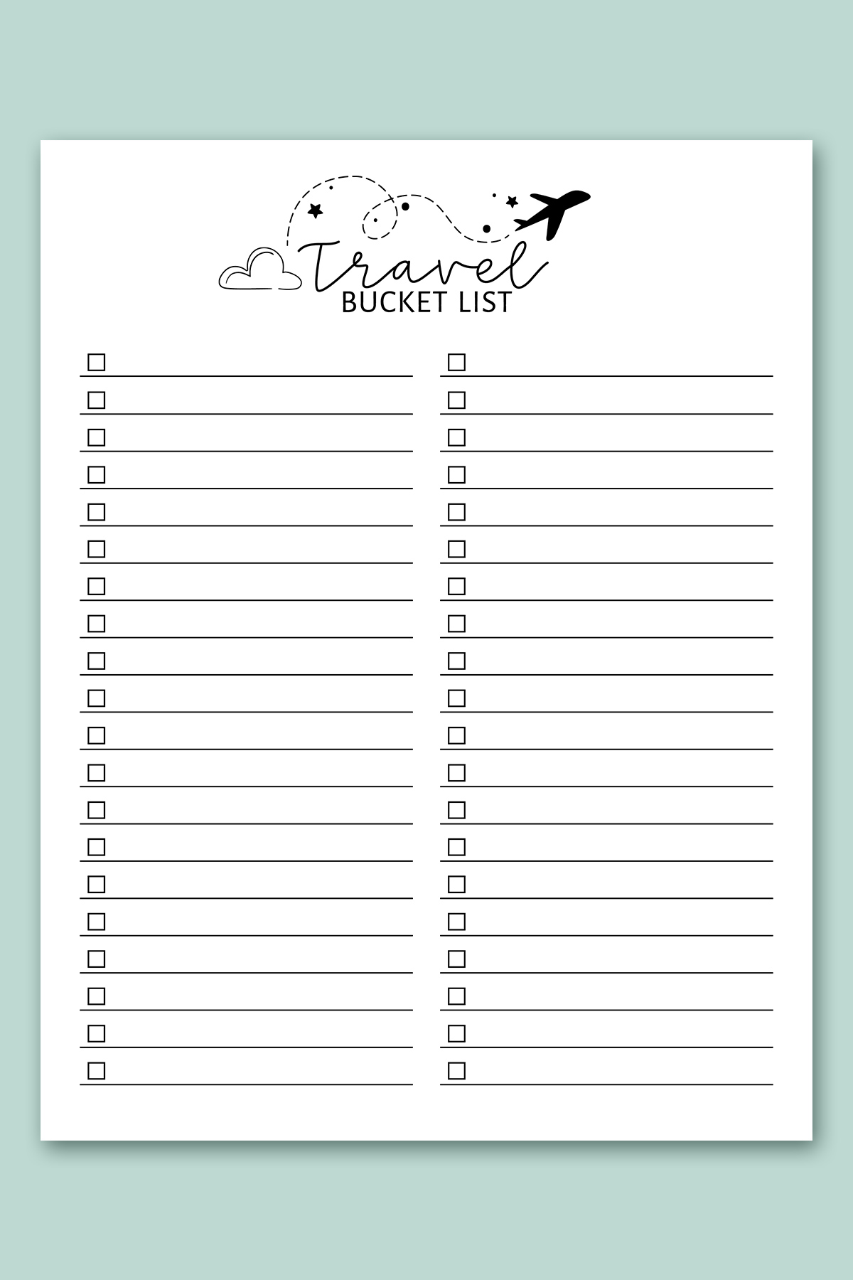 This image shows one of lists from the free bucket list printable set. This one is the travel bucket list printable.