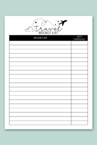 This image shows one of lists from the free bucket list printable set. This one is the travel bucket list printable.