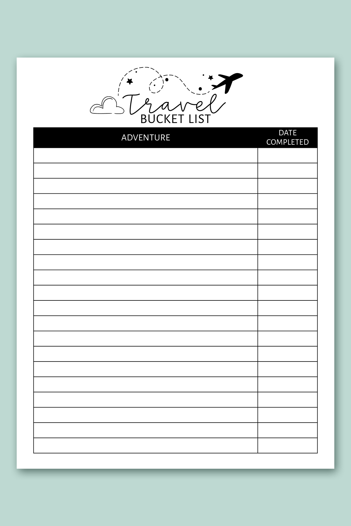 This image shows one of lists from the free bucket list printable set. This one is the travel bucket list printable.