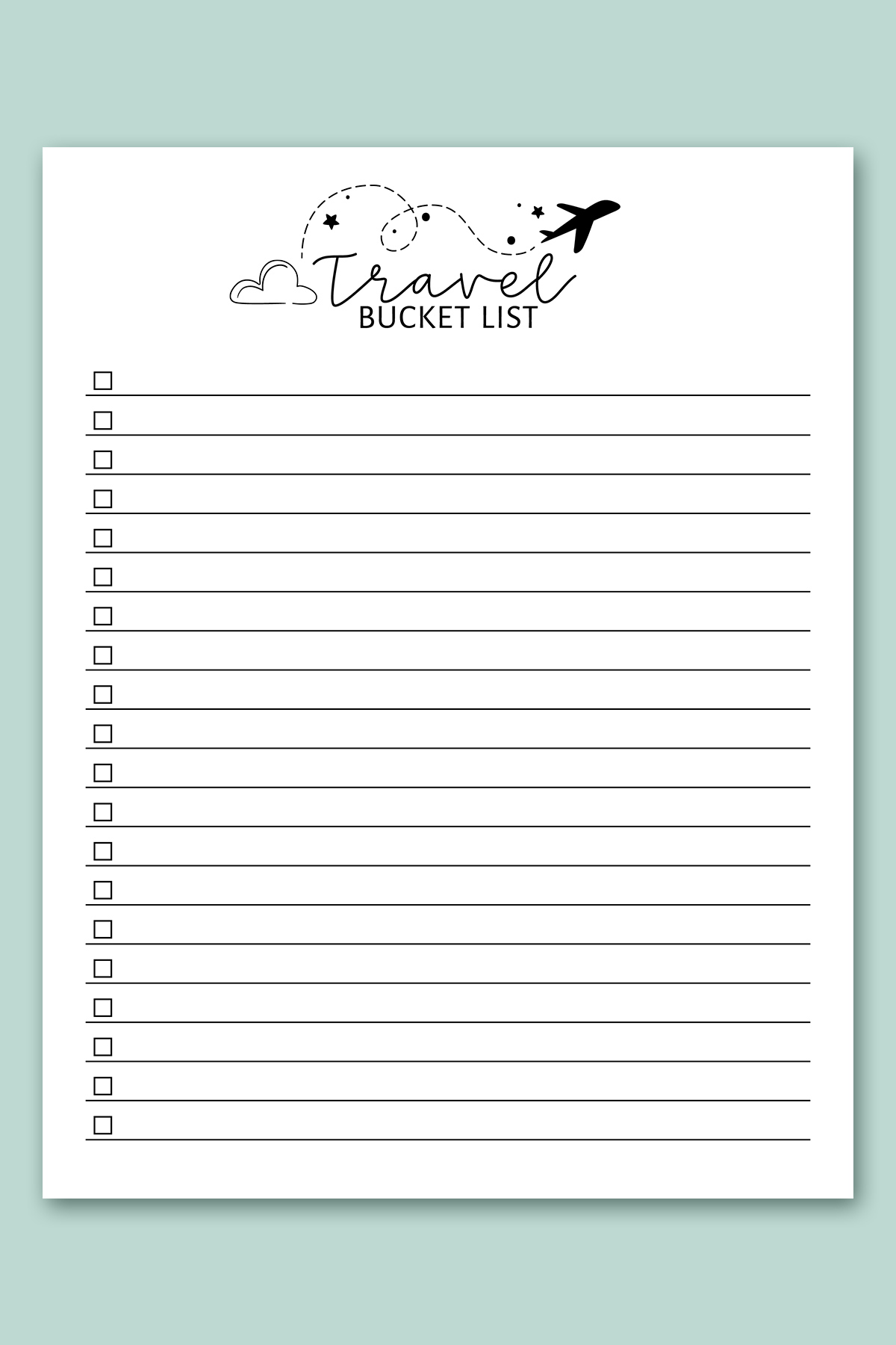 This image shows one of lists from the free bucket list printable set. This one is the travel bucket list printable.