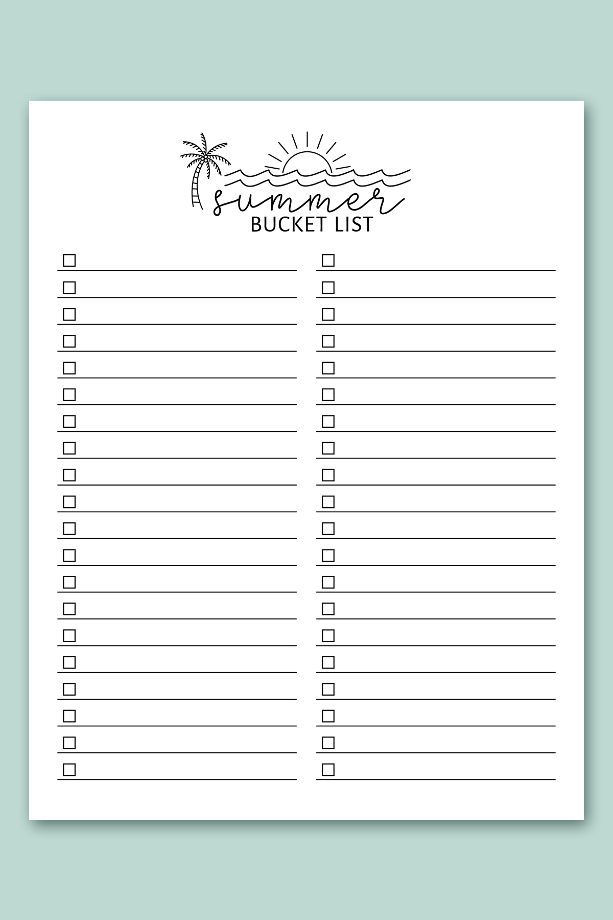 This image shows one of lists from the free bucket list printable set. This one is the summer bucket list printable.