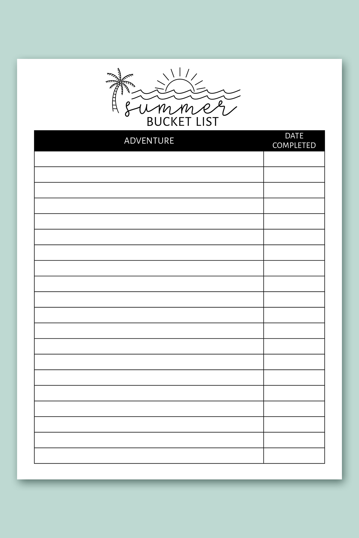 This image shows one of lists from the free bucket list printable set. This one is the summer bucket list printable.