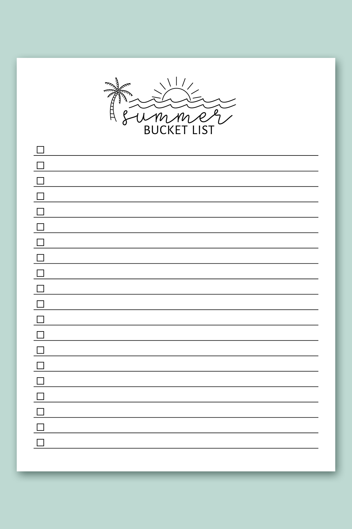 This image shows one of lists from the free bucket list printable set. This one is the summer bucket list printable.