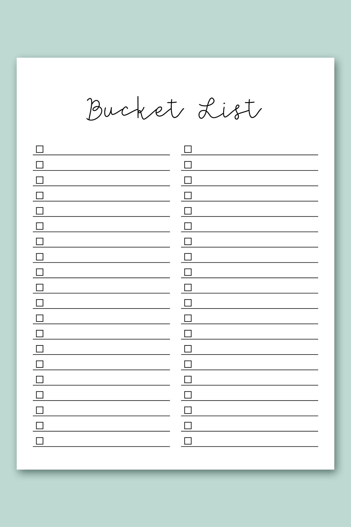 This image shows one of lists from the free bucket list printable set. This one is the generic bucket list printable with a simple design.