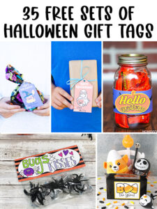 At the top it says 35 free sets of Halloween Gift Tags. Below that are some examples of the gift tags available.