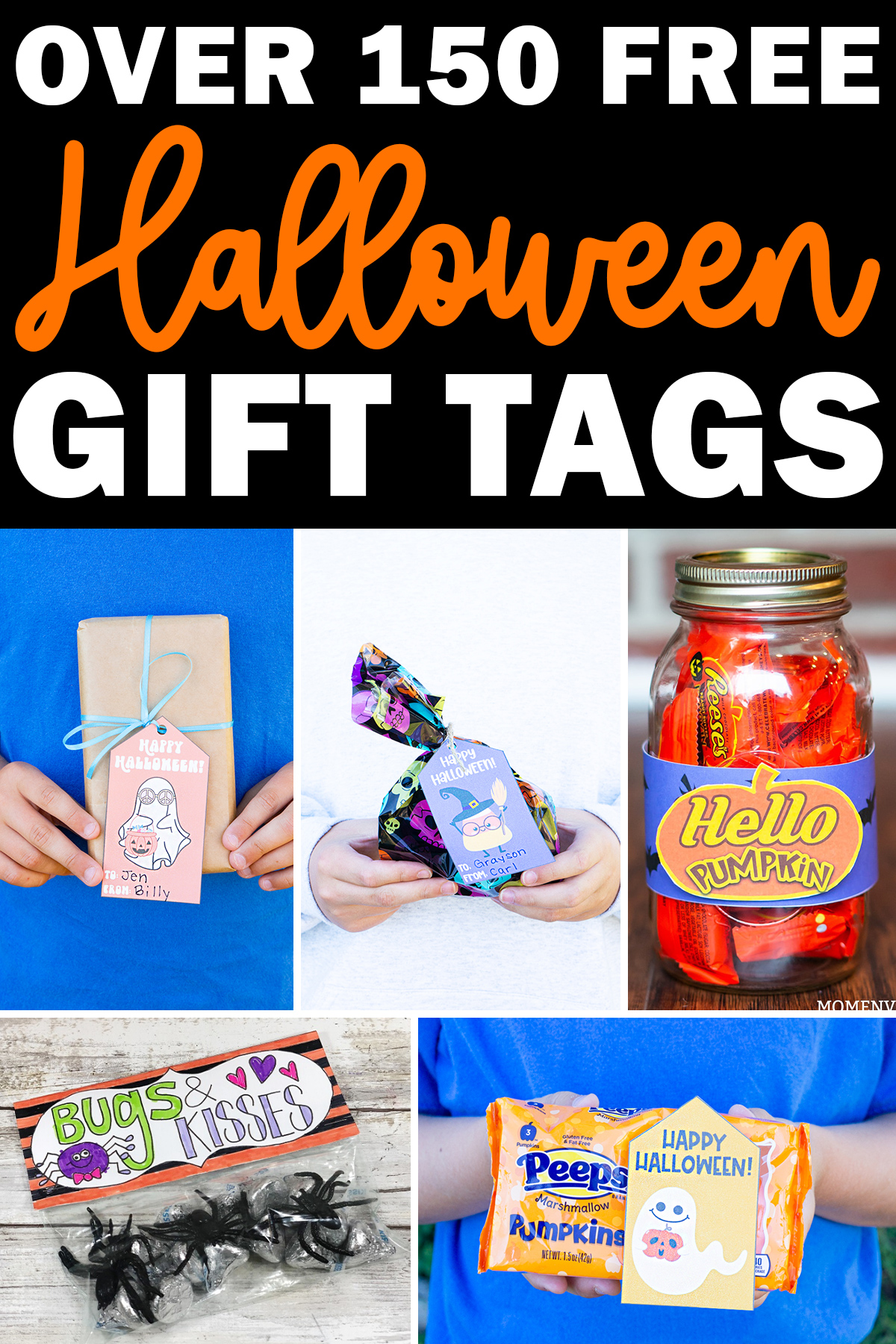 At the top it says over 150 Free Halloween Gift Tags. Below that are some examples of the gift tags available.