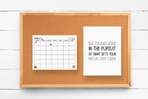 This image shows one of the months from this set of free printable calendars (starting with either a Sunday or Monday). This example is showing the month of October hanging on a bulletin board.