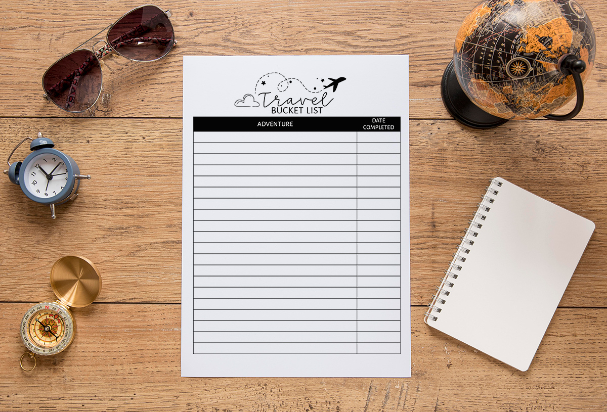 This image shows one of lists from the free bucket list printable set. This one is the travel bucket list printable.