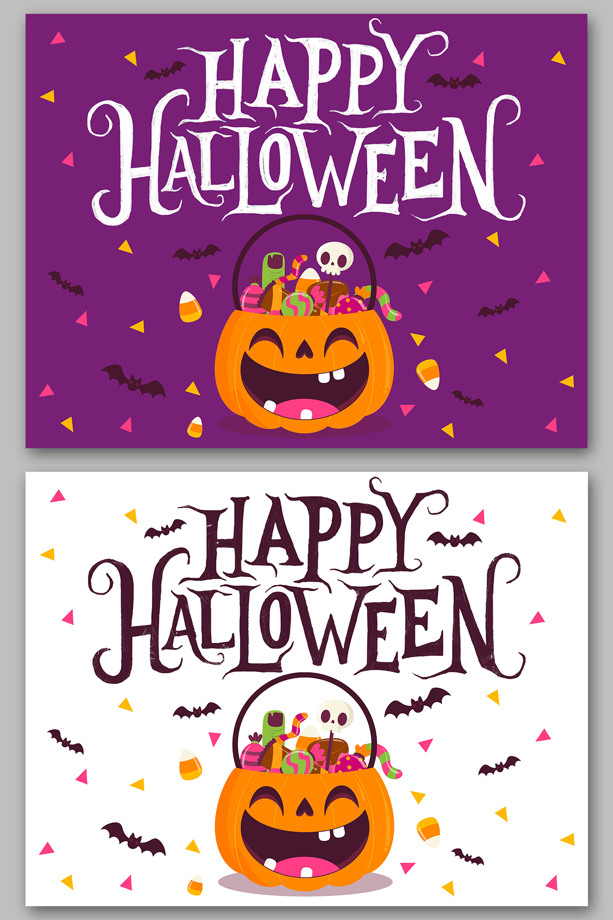 This image shows one of the free printable Halloween candy signs you can get in this free set. This sign is hanging on a door and says Happy Halloween!