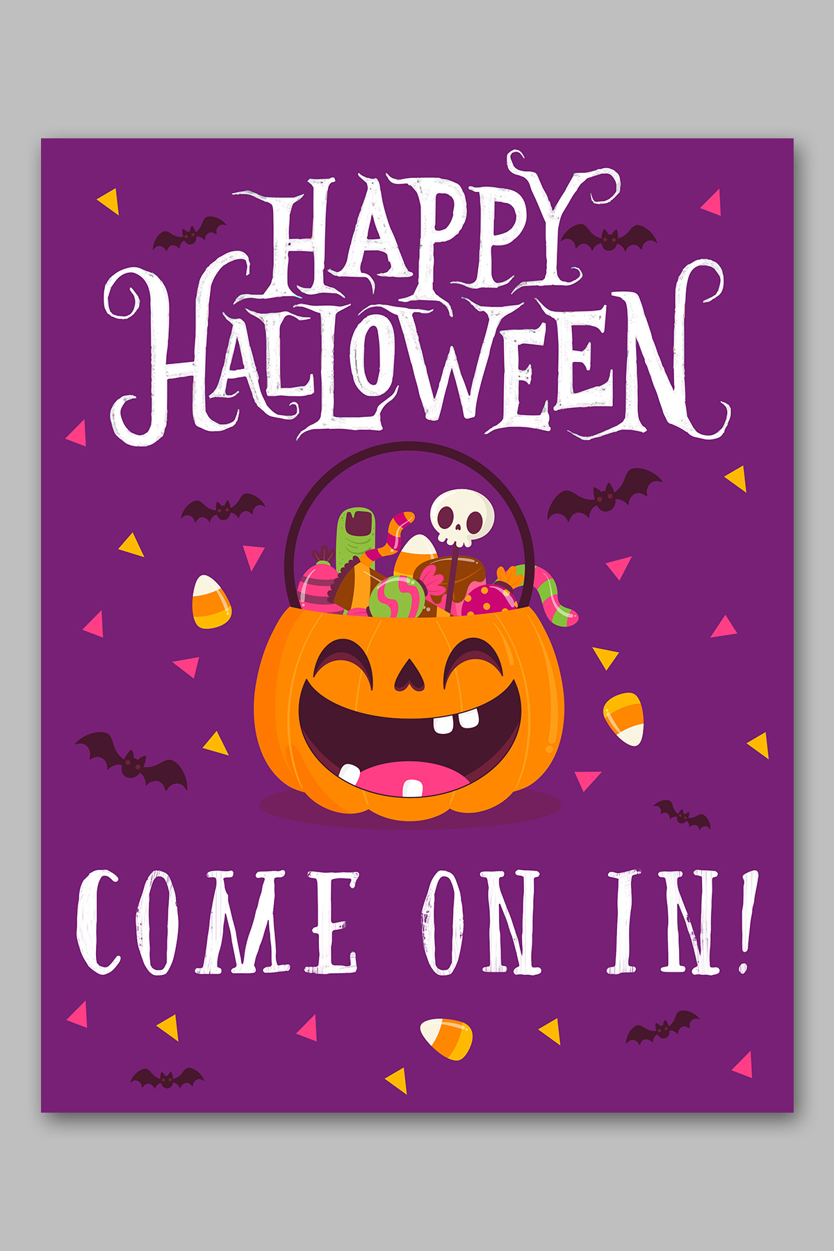 This image shows one of the free printable Halloween candy signs you can get in this free set. This sign says Happy Halloween come on in!