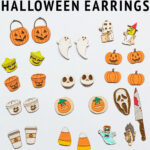 At the top it says Free SVG set of Halloween earrings. At the bottom it says for lasers & cutting machines. Inbetween are the painted examples of the Halloween wooden earrings.