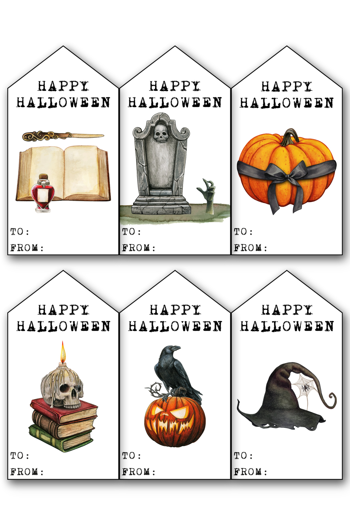 This image shows one of the 17 free sheets of free Happy Halloween printable tags you can download for free in this blog post.