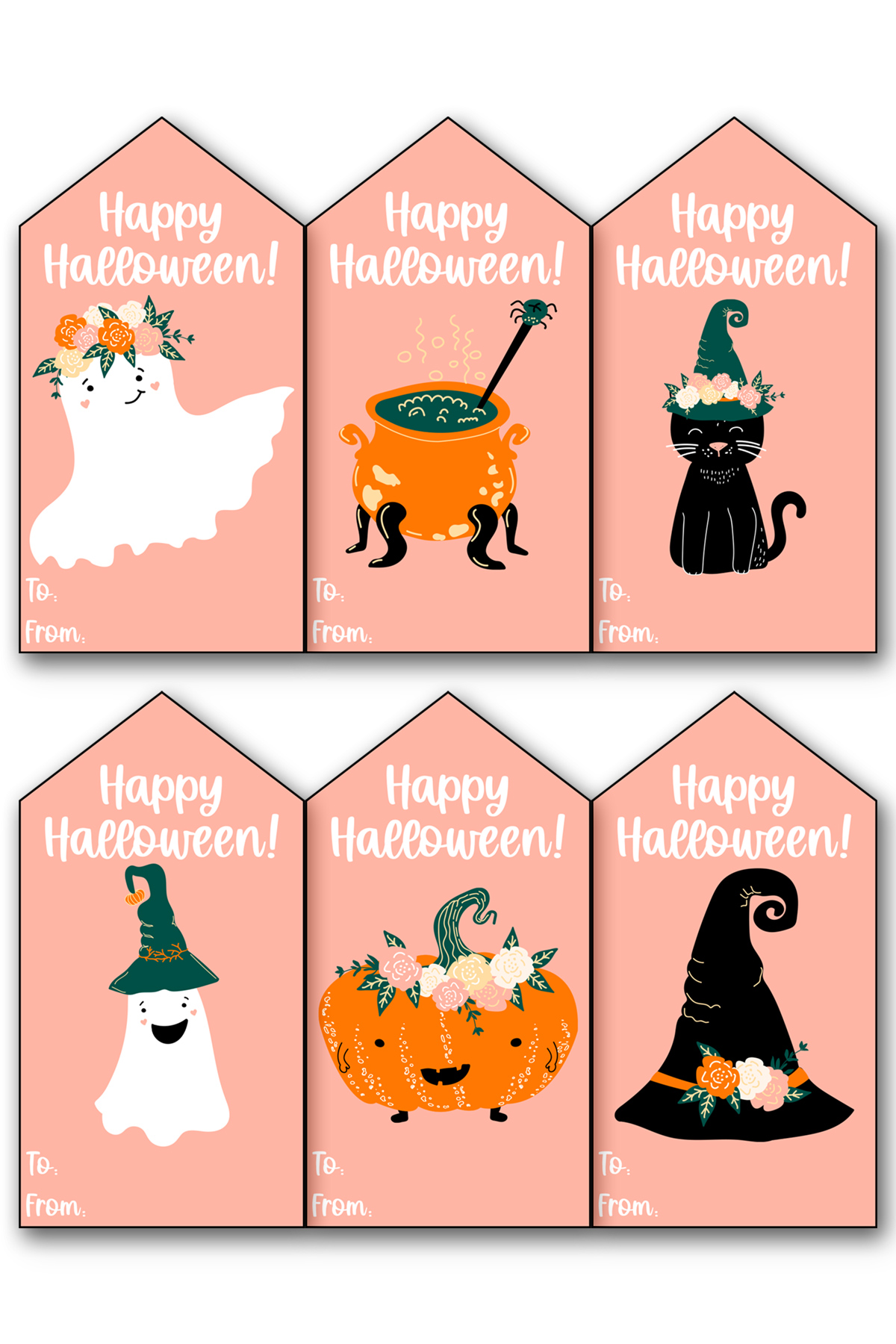 This image shows one of the 17 free sheets of free Happy Halloween printable tags you can download for free in this blog post.