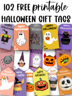 At the top the image says 102 free printable Halloween gift tags. Below that are some of the free Halloween gift tags you can download in this post.