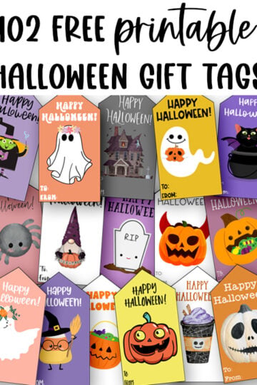 At the top the image says 102 free printable Halloween gift tags. Below that are some of the free Halloween gift tags you can download in this post.